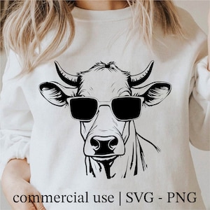 かっこいい牛のSVG、かっこいい牛の頭とサングラスのSVG、面白い牛のSVG、かわいい牛の顔のSVG、クリカット牛のSVGの白黒プリント、商用利用