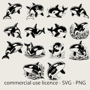14 Orca Bundle Svg, Whale Bundle Svg, Cute Orca Clipart, Orca Silhouette Png, Orca Png, Whale Lover Svg Czarno-biały, Komercyjne zastosowanie zdjęcie 1