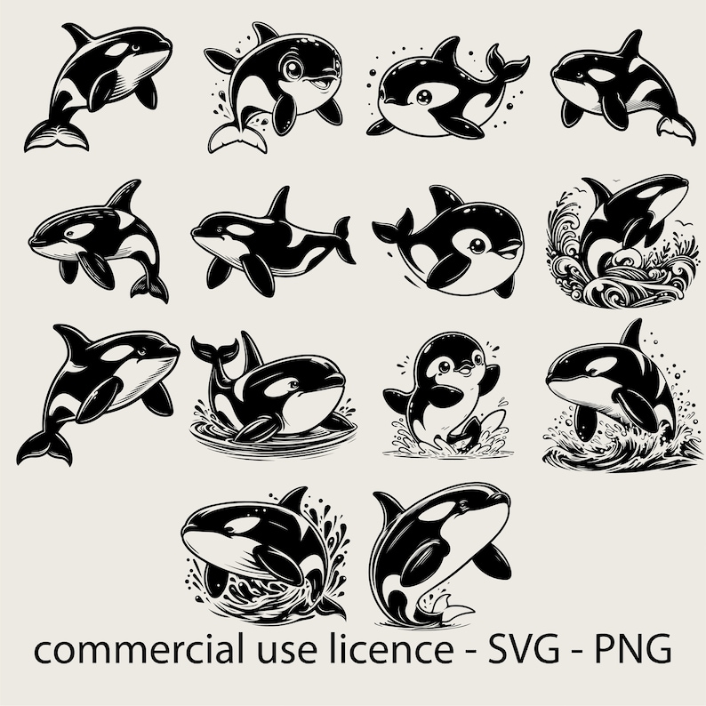 14 Orca Bundle Svg, Whale Bundle Svg, Cute Orca Clipart, Orca Silhouette Png, Orca Png, Whale Lover Svg Czarno-biały, Komercyjne zastosowanie zdjęcie 1