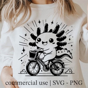 Divertido Axolotl Svg, Kawaii Axolotl montando una bicicleta Png, lindo Axolotl Svg para el diseño de camisas, Cricut Axolotl Svg Files, uso comercial