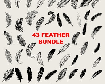 43 Design Feather Svg Bundle, Feathers Svg Bundle, Bird Feathers Png, Bird Feather Clipart, Boho Feather Svg Black And White, Commercial Use