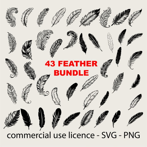 43 Design Feather Svg Bundle, Feathers Svg Bundle, Bird Feathers Png, Bird Feather Clipart, Boho Feather Svg Black And White, Commercial Use