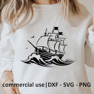 Barco Pirata Svg, Png, Dxf, Barco en Ola Svg, Barco Pirata en el Océano Svg, Náutico Svg, Png, Barco Negro Svg, Licencia de Uso Comercial