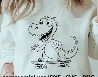 Happy Dinosaur on Skateboard Digital File, Dino Svg, T-Rex Svg, Dinosaur Svg, Tyrannosaurus Svg, Skateboard Svg Dinosaurs Clipart
