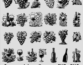 Paquete svg de vino, svg de uva, diseño de camisa de copa de uva y vino, botella de vino png, imágenes prediseñadas para amantes del vino, silueta para beber vino, uso comercial