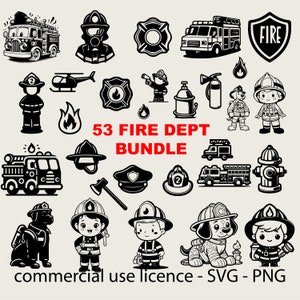 53 Design Fire Dept Svg Bundle, Cute Firefighter Svg, Firetruck Svg, Fireman Svg, Fire Helmet Svg Black And White, Commercial Use