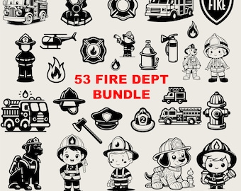 53 Design Fire Dept Svg Bundle, Cute Firefighter Svg, Firetruck Svg, Fireman Svg, Fire Helmet Svg Black And White, Commercial Use