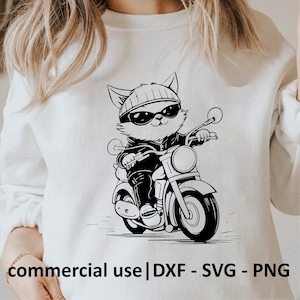 Motorcycle Cat Rider Svg Png Dxf, Motorbike Cat Driver Svg, Cute Cat Father Svg, Bikers Svg, Black and White Prints, Commercial Use License