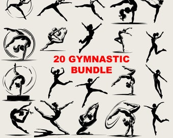 20 designer gymnastik svg-paket, gymnast svg, sport svg, rytmisk gymnastik svg, träningssvg svartvitt, kommersiellt bruk