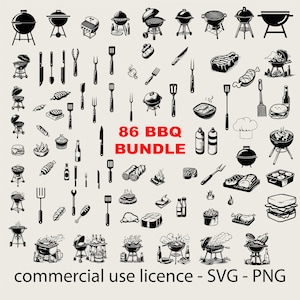 Może przedstawiać: Czarno-biała ilustracja z 86 grafikami o tematyce BBQ. Kolekcja zawiera różne projekty grilli, przybory kuchenne i produkty spożywcze. Tekst "86 BBQ BUNDLE" jest wyraźnie wyświetlany na czerwono.