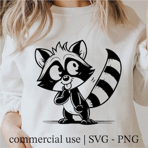 かわいいアライグマ SVG、アライグマ PNG、赤ちゃんアライグマ PNG、面白いアライグマ SVG、クールなアライグマ SVG の白黒プリント、商用利用ライセンス