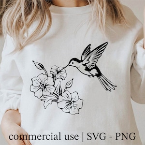 Flower Hummingbird Svg, Simple Hummingbird Png, Floral Hummingbird Clipart, Silhouette Svg Black And White Prints, Commercial Use License