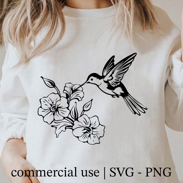 Fleur Colibri Svg, Simple Colibri Png, Floral Colibri Clipart, Silhouette Svg Impressions noir et blanc, Licence d’utilisation commerciale