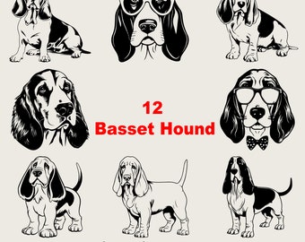 Basset Hound Svg Bundle, Cute Basset Hound Puppy Png, Basset Hound Clipart, Dog Bundle Svg Black And White Prints, Commercial Use License