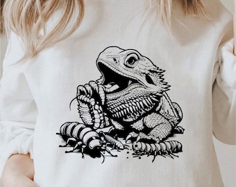 Dragón barbudo comiendo insectos svg, dragón barbudo png, amante del dragón barbudo svg, cricut reptil png impresión en blanco y negro, uso comercial