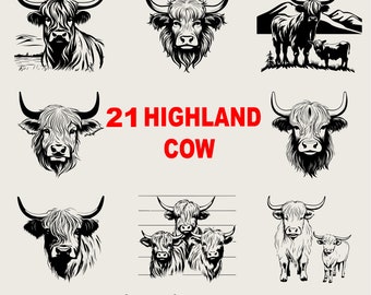 21 Pcs Highland Cow Svg Bundle, Highland Cow Svg, Funny Cow Svg, Highland Cow Face Svg, Cricut Cow Svg Black And White Print, Commercial Use