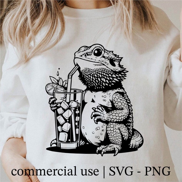 Bearded Dragon Drinking Svg, Bearded Dragon Png, Bearded Dragon Lover Svg, Cricut Reptile Png Black And White Print, Commercial Use
