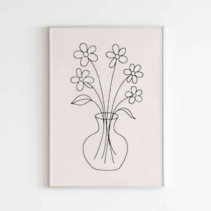 Dessin au trait minimaliste pour vase de fleurs | Affiche botanique simple | Dessin sur une ligne pour la cuisine ou le salon