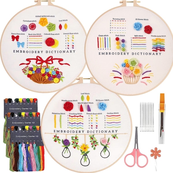 3 Set Beginner Embroidery Kit, Embroidery Starter Kit, Modern Embroidery kit, Learn Embroidery, Hand Embroidery Kit, Embroidery Kit Flowers