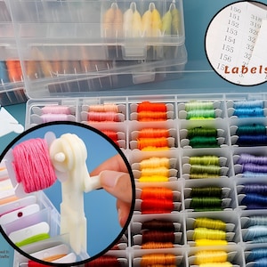 Może przedstawiać: Przezroczysty plastikowy organizer wypełniony kolorową nicią do haftu. Nić jest ułożona w siatkę, z różnymi kolorami, w tym różowym, pomarańczowym, zielonym i niebieskim. Zbliżenie pokazuje dłoń trzymającą białą szpulkę nici. Obraz zawiera słowo "Labels".