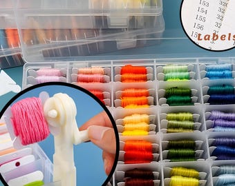 Complete Embroidery Floss Organizer Set with Adjustable Grid Floss Bobbin Storage Box, 100 Bobbins, Floss Winder & Label Stickers, Bead Box