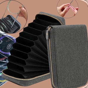 May include: A gray fabric knitting needle case with a gold zipper, open to reveal black accordion-style dividers. Several packages of circular knitting needles are visible, along with a close-up of knitting in progress. The case is designed to store knitting supplies.