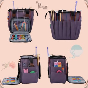 May include: Purple knitting bag with multiple pockets and compartments for storing knitting needles, crochet hooks, and other accessories. The bag has a zippered closure and a top handle. Sew Need It Crafts.
