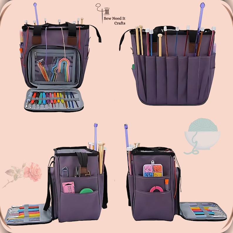May include: Purple knitting bag with multiple pockets and compartments for storing knitting needles, crochet hooks, and other accessories. The bag has a zippered closure and a top handle. Sew Need It Crafts.