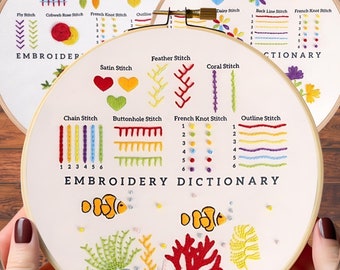 May include: Three embroidery hoops displaying various stitch types, including satin, chain, and French knot stitches. The text "Embroidery Dictionary" is visible. The bottom hoop features an underwater scene with coral and fish.