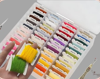 Op de afbeelding: Een doorzichtige plastic organizer gevuld met kleurrijk borduurgaren. Het garen is op kleur gerangschikt, waarbij elke spoel is voorzien van een nummer. Een hand houdt twee spoelen groen en geel garen vast. Een schaar en een tornmesje zijn ook zichtbaar.