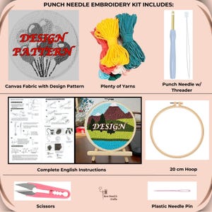 May include: Punch needle embroidery kit with a colorful mountain landscape design, a 20 cm hoop, a punch needle with a threader, scissors, a plastic needle pin, and instructions. The kit includes a canvas fabric with a design pattern and plenty of yarns.