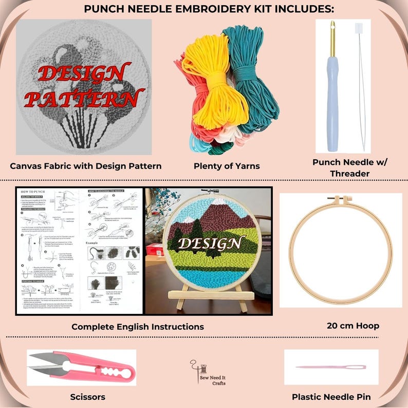 May include: Punch needle embroidery kit with a colorful mountain landscape design, a 20 cm hoop, a punch needle with a threader, scissors, a plastic needle pin, and instructions. The kit includes a canvas fabric with a design pattern and plenty of yarns.
