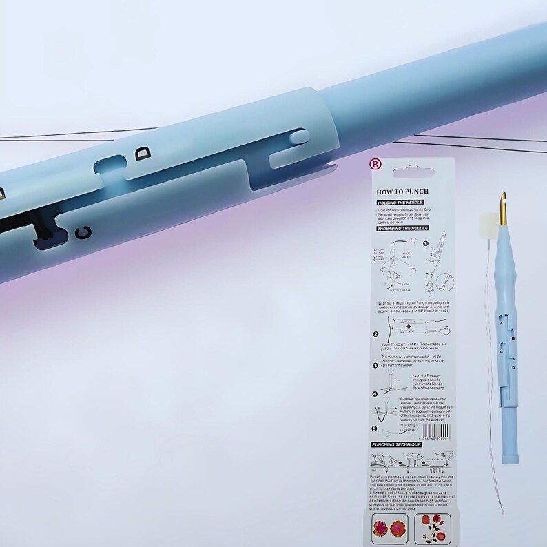 May include: A light blue plastic tool for punching holes in fabric, with a needle and instructions on how to use it. The instructions include illustrations and text that says "How to Punch" and "Punching Technique".