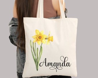 Cadeau fleur de naissance personnalisé mars, sac fourre-tout en toile personnalisé, cadeau d'anniversaire pour elle, cadeau pour maman, cadeau meilleure amie, sac fourre-tout de demoiselle d'honneur