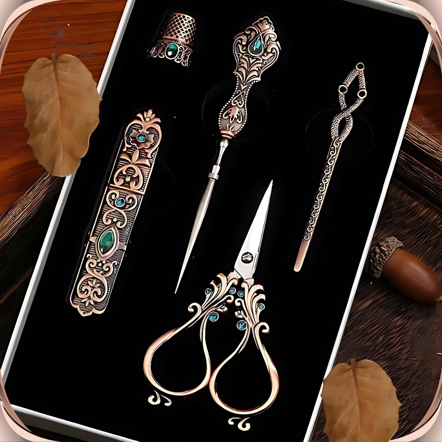 Elegante set da cucito completo in metallo inciso, stile antico e vintage, con scatola, regali per cucito, regali per uncinettatori, regali per quilting, forniture per cucito