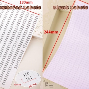 May include: Two sheets of labels, one numbered and one blank, measuring 180mm x 244mm. The numbered labels show a sequence of numbers. A close-up reveals a label measuring 6mm x 14mm with the numbers 150 and 151.