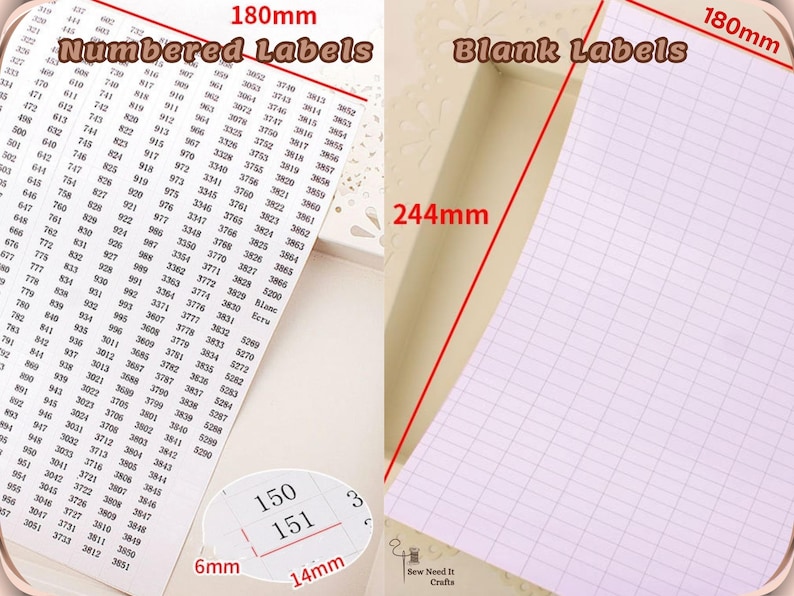May include: Two sheets of labels, one numbered and one blank, measuring 180mm x 244mm. The numbered labels show a sequence of numbers. A close-up reveals a label measuring 6mm x 14mm with the numbers 150 and 151.