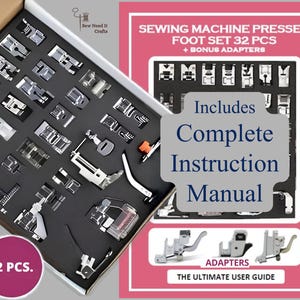 May include: A 32-piece sewing machine presser foot set with bonus adapters in a black foam-lined box. The set includes various metal and plastic feet. Text on the packaging reads: SEWING MACHINE PRESSER FOOT SET 32 PCS + BONUS ADAPTERS.