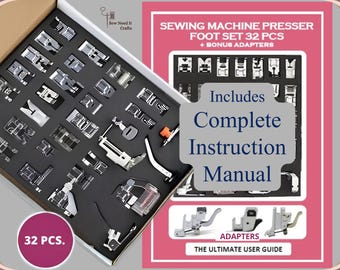 May include: A 32-piece sewing machine presser foot set with bonus adapters in a black foam-lined box. The set includes various metal and plastic feet. Text on the packaging reads: SEWING MACHINE PRESSER FOOT SET 32 PCS + BONUS ADAPTERS.