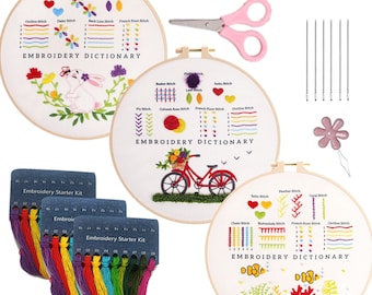 3 juegos de kit de bordado para principiantes, kit de inicio de bordado, kit de bordado moderno, aprendizaje de bordado, kit de bordado a mano, hierba marina de bicicleta de conejo