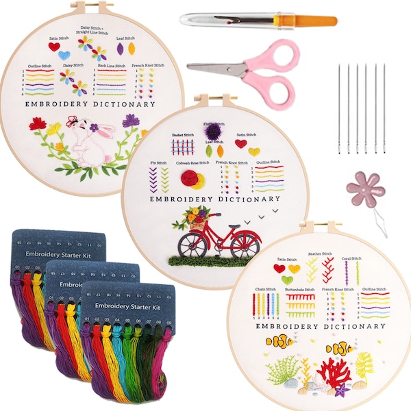 3er Set Anfänger Stickerei Kit, Stickerei Starter Kit, Modernes Stickset, Sticken lernen, Handstickerei Kit, Kaninchen Fahrrad Seegras