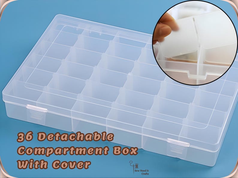 May include: A clear plastic storage box with 36 detachable compartments and a cover. The box is rectangular with a grid of small square compartments. The text "36 Detachable Compartment Box With Cover" is visible.