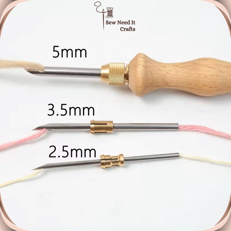 May include: Three leather crafting tools with wooden handles and metal tips. The tools are labeled 5mm, 3.5mm, and 2.5mm. The tools are used for punching holes in leather.