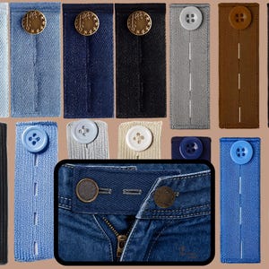 May include: A collection of rectangular fabric waist extenders in various colours including light blue, navy, black, grey, brown, and white, featuring button closures and buttonholes. A close-up inset shows a blue denim waistband with two metal buttons.