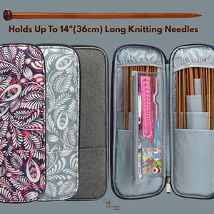 May include: A blue, zippered knitting needle case with a floral pattern and a grey case. The case holds up to 36cm knitting needles. The open case reveals knitting needles, a pink ruler, and other accessories.