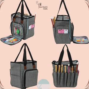 May include: Gray canvas tote bag with multiple pockets and compartments for storing knitting needles, yarn, and other craft supplies. The bag has a black handle and a zipper closure. The bag is shown in four different views.