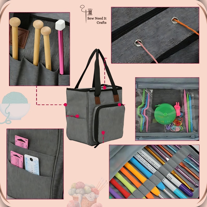 May include: Gray canvas tote bag with multiple pockets and compartments for storing knitting needles, crochet hooks, and other craft supplies. The bag has a zipper closure and a top handle. The bag is labeled "Sew Need It Crafts".