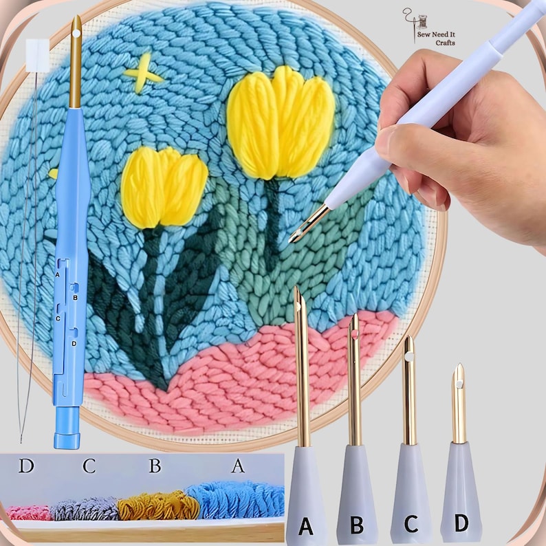 May include: A set of four embroidery tools with different sized needles and handles. The tools are used for punch needle embroidery. The tools are displayed on a wooden surface with a background of a completed punch needle embroidery project featuring yellow flowers on a blue background.