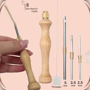 May include: A set of four leather sewing tools with wooden handles. The tools include a threader, a 5 mm awl, a 3.5 mm awl, and a 2.5 mm awl.  Sew Need It Crafts.