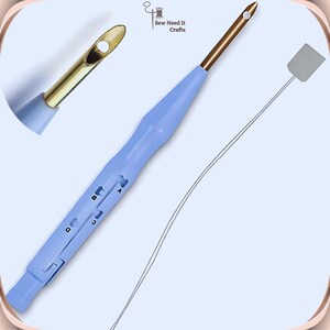 May include: A blue plastic threading tool with a gold metal needle. The tool has a sliding mechanism to adjust the needle size. The tool is used for threading yarn or string through small holes.